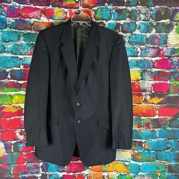 Vintage Dallas Western Apparel Men's 46R Navy Blue Trilobal Wool Blend Jacket Bl - Picture 1 of 6